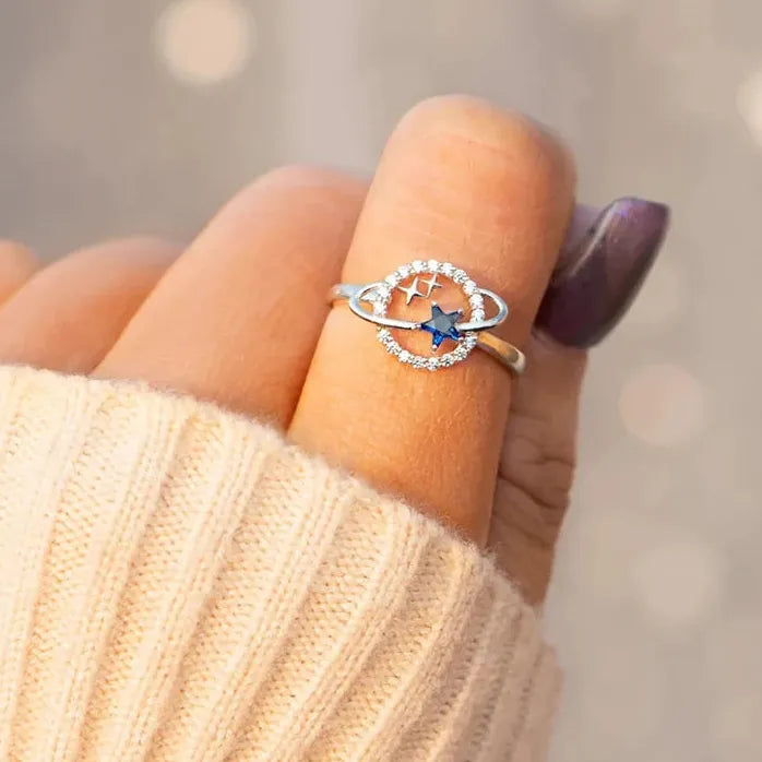 Planet Finger Ring for Women Blue Stars Silver Brass Cubic Zirconia Jewelry