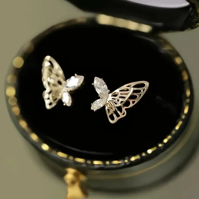 Gold Butterfly Stud Earrings for Women with CZ Stones Copper Alloy