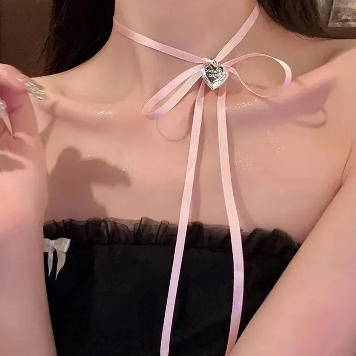 Pink Black Bow Tie Heart Pearl Pendant Necklace for Women Jewelry
