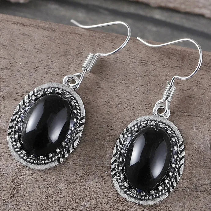 Vintage Silver Large Black Onyx Hoop Stud Earrings Zinc Alloy for Women