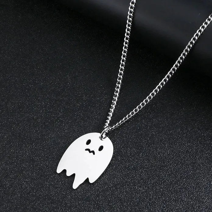 Stainless Steel Geometric Sad Ghost Pendant Necklace Unisex Gift