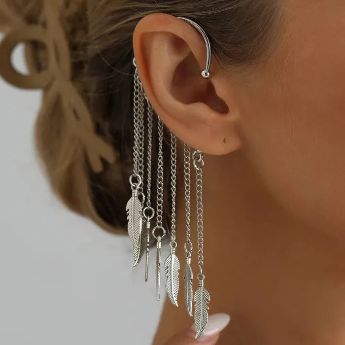 Metal Leaf Multi-Layer Tassel Zinc Alloy Clip-On Ear Wrap Cuff Earrings