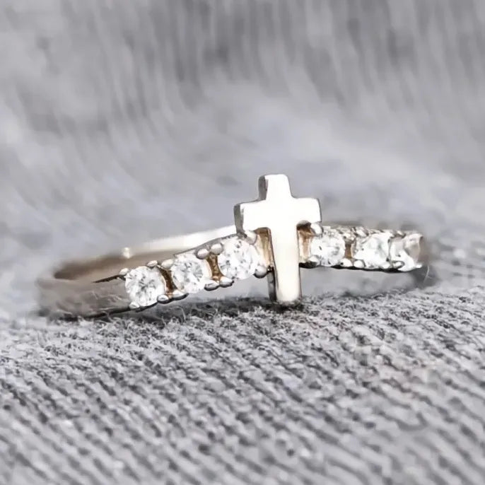 Brass Cross Ring with Cubic Zirconia Wedding Band Gift for Women