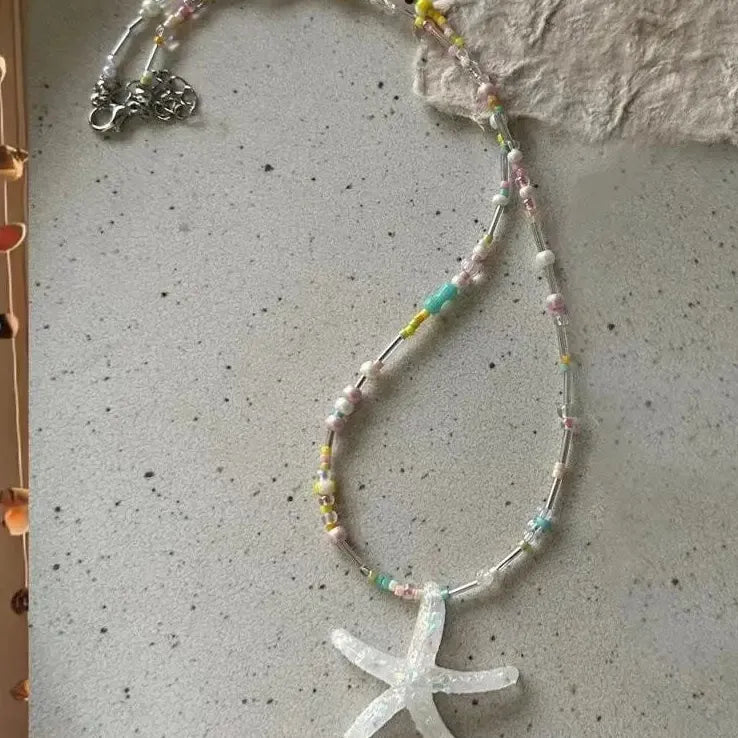 Y2K Blue Acrylic Starfish Pendant Necklace for Women Colorful Bead Choker