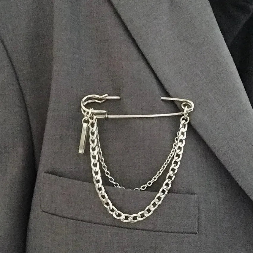 Geometric Zinc Alloy Brooch Double Pin Chain Clip for Men and Women