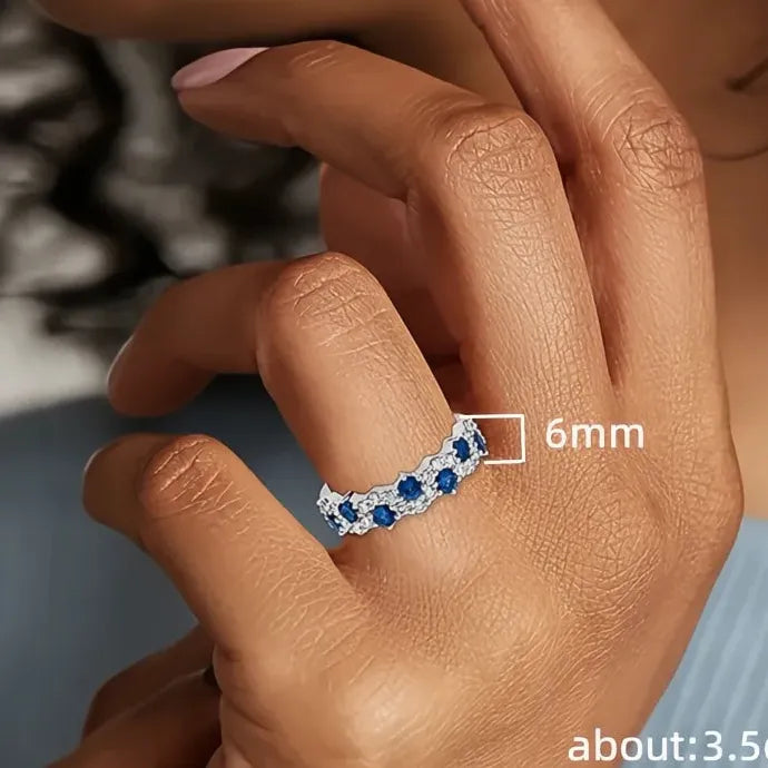 Silver Women Rings Blue White CZ Wedding Band Geometric Brass Jewelry