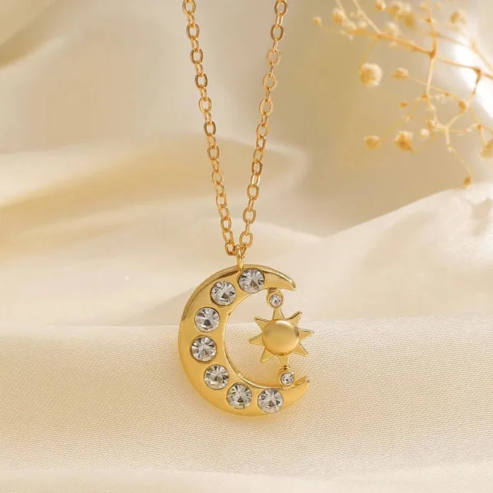 Copper Moon Star Rhinestone Pendant Necklace Women Y2K Crescent Sun Jewelry Gift