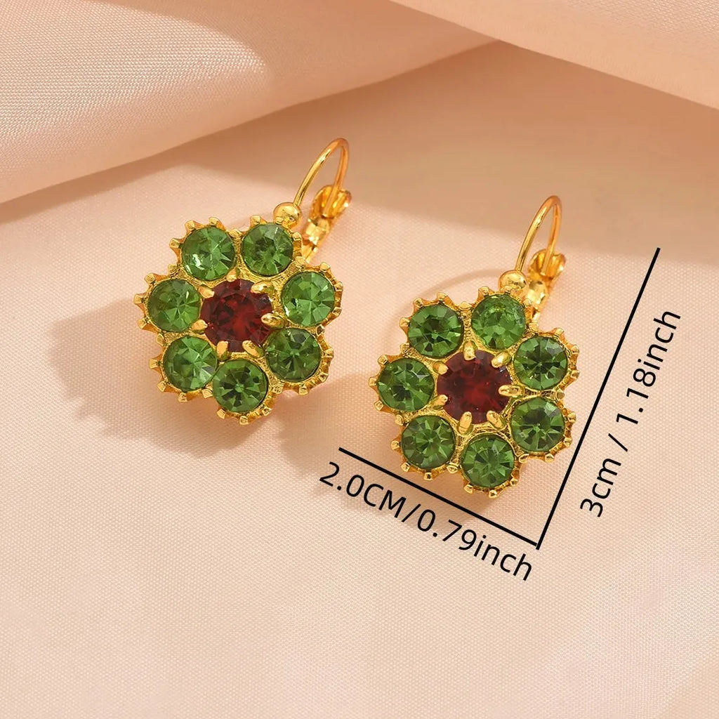 Festival Round Flower Inlay Green Red Stone Drop Earrings for Women Party Jewelry