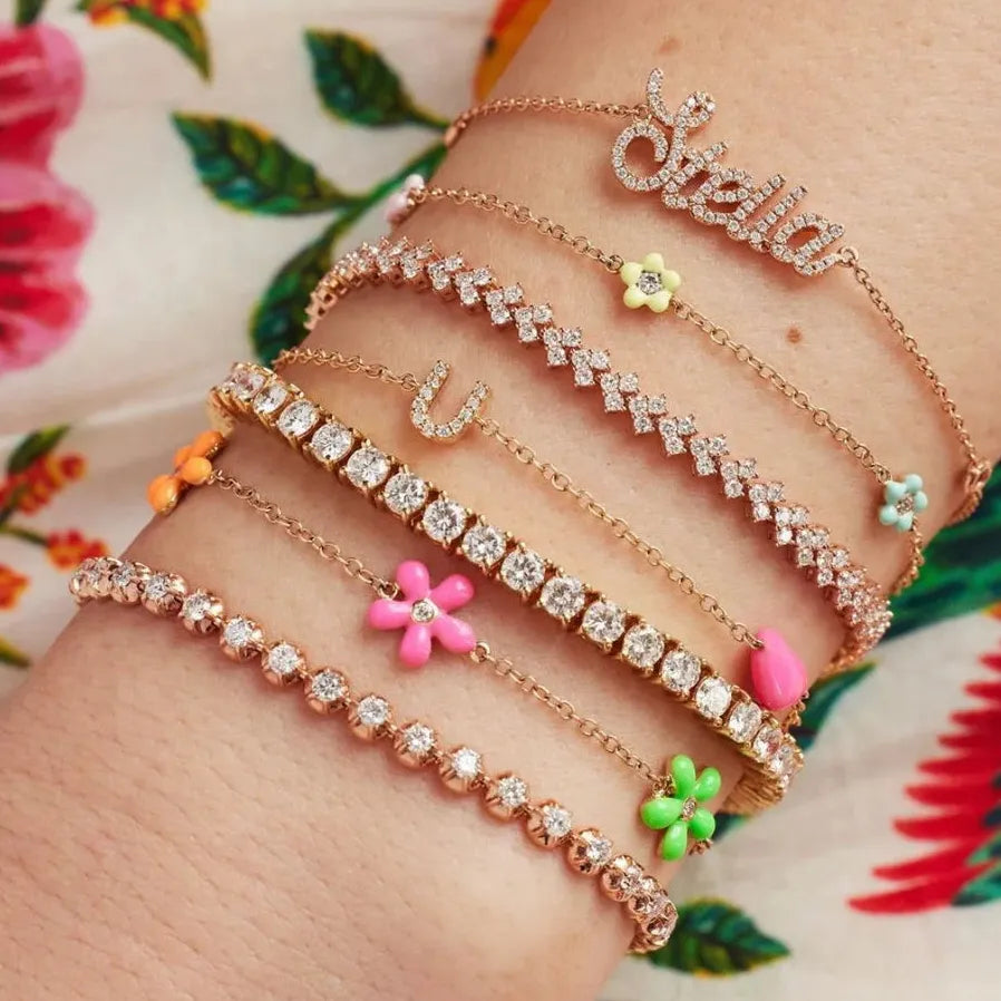 18K Gold Plated Stainless Steel Multicolor Enamel Flower Charm Bracelet for Girls