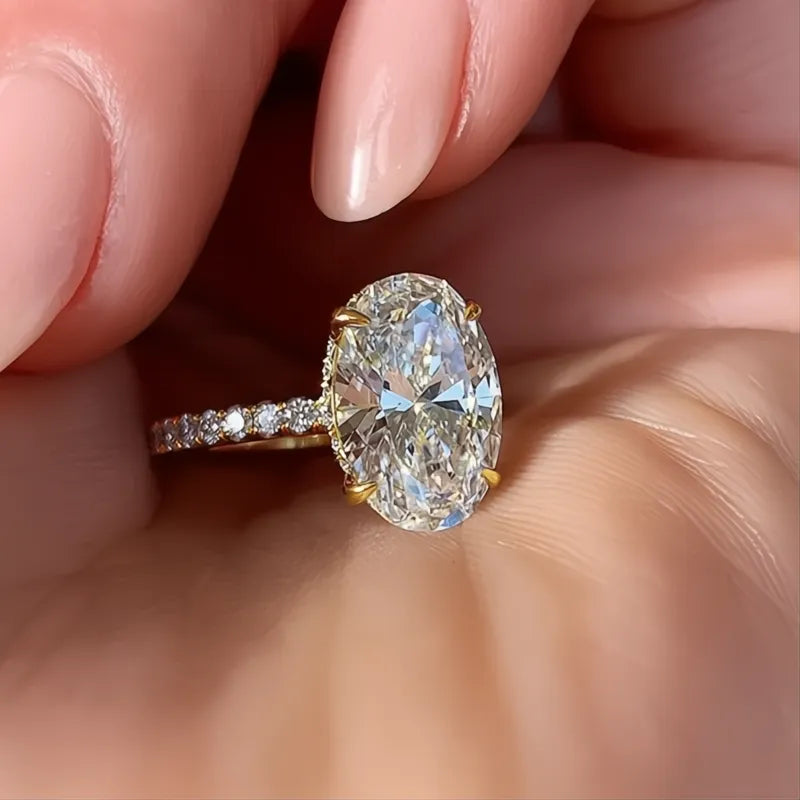 Oval Finger Ring Band with Dazzling CZ Stone Four Prong Setting Classic Wedding Anniversary Gift for Women