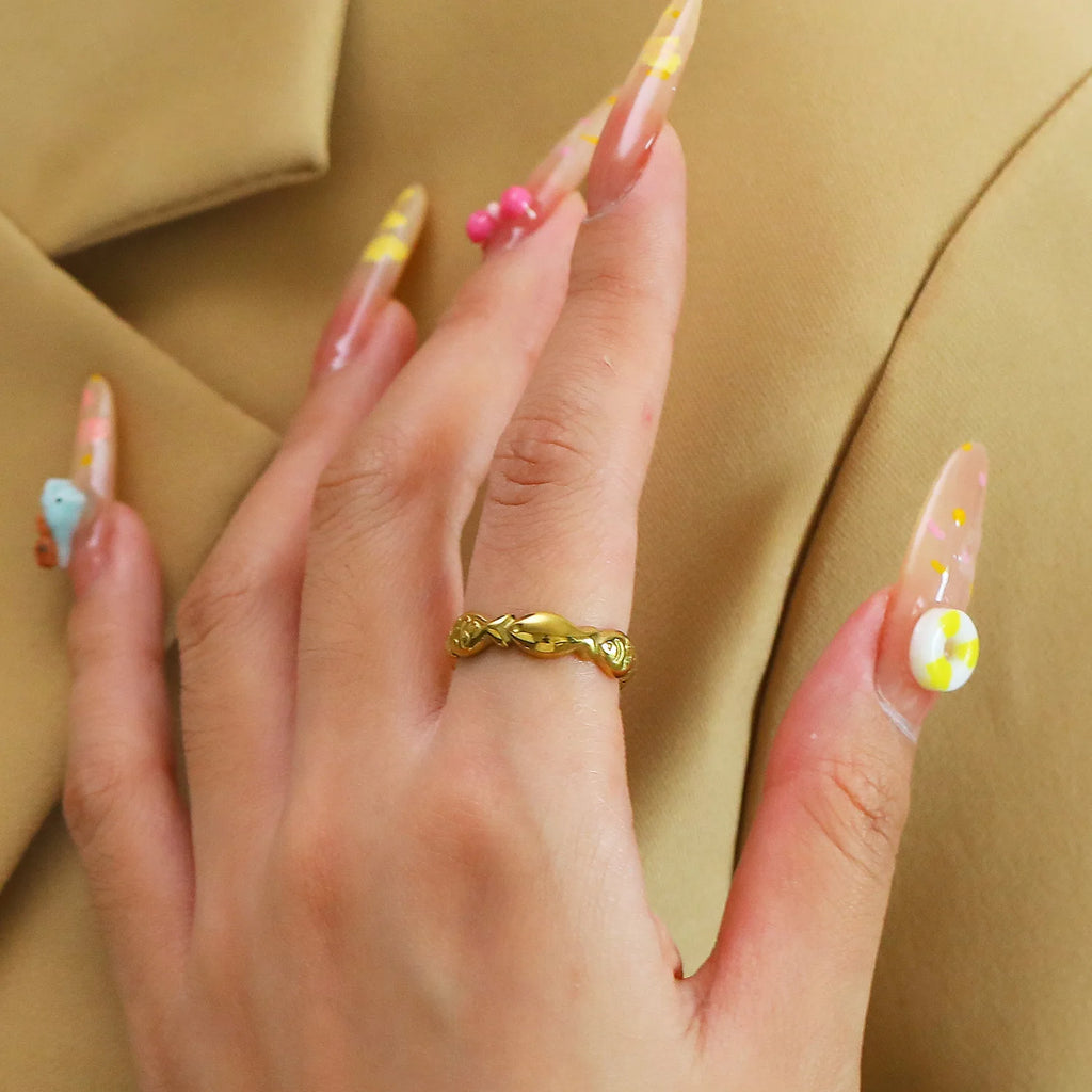 18K Gold Plated Tiny Fish Ring Stainless Steel Hypoallergenic Polished Jewelry