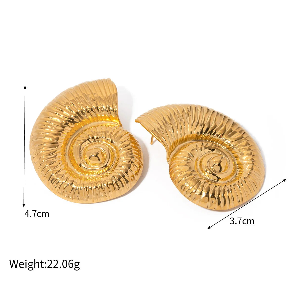 18K Gold Plated Stainless Steel Waterproof Ribbed Large Shell Stud Earrings