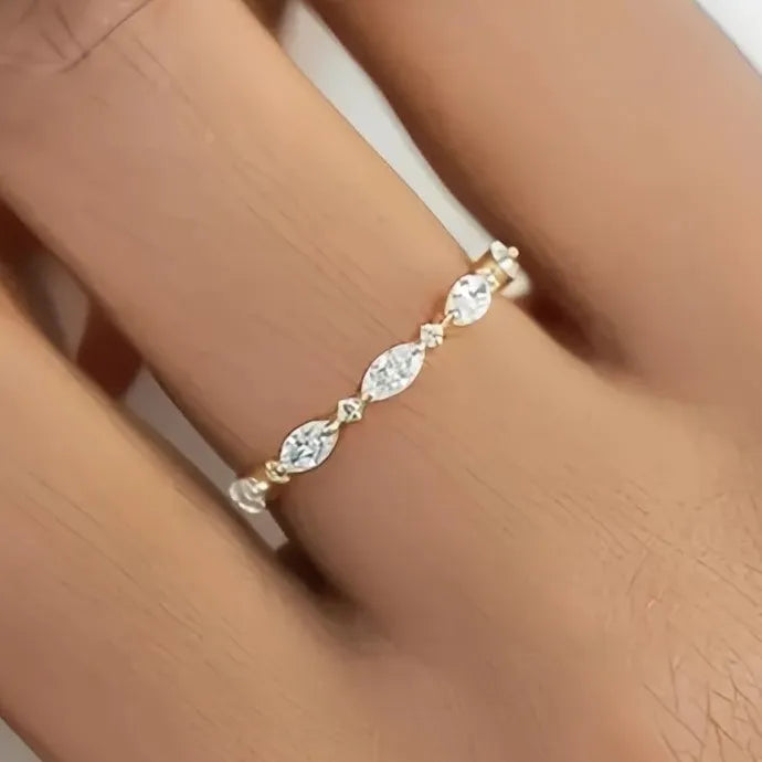 Elegant Thin Marquise Round CZ Cubic Zirconia Brass Wedding Band Ring for Women