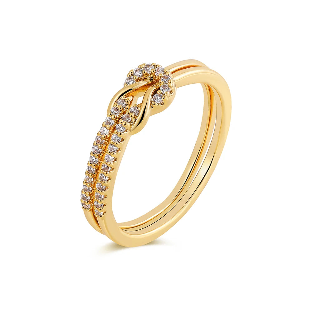 Gold Plated Vintage Flower Petal Hollow Ring Women Zircon Knot Bow Wedding Jewelry