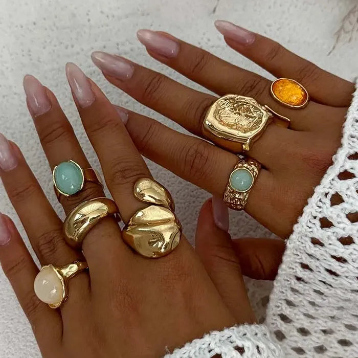 7Pcs Vintage Colorful Crystal Geometric Rings Set for Women Fashion Jewelry