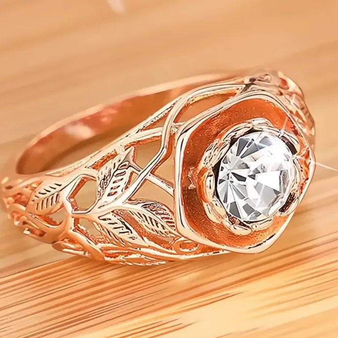 Elegant Hollow Out Rose Leaf CZ Brass Cocktail Ring for Women Party Jewelry