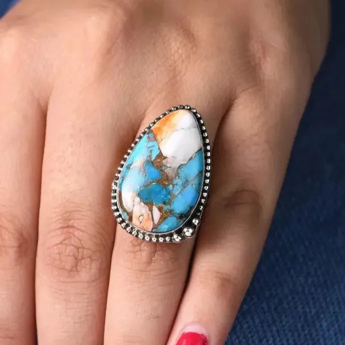 Retro Bohemian Copper Ring with Geometric Stone Resin Inlay for Women