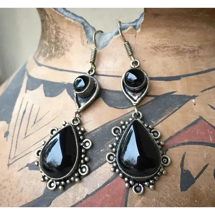 Retro Black Stone Geometric Hollow Lace Pendant Drop Earrings for Women