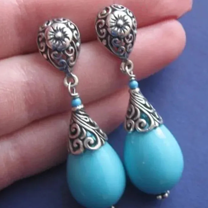 Vintage Hand Carved Flower Resin Zinc Alloy Water Drop Earrings Women