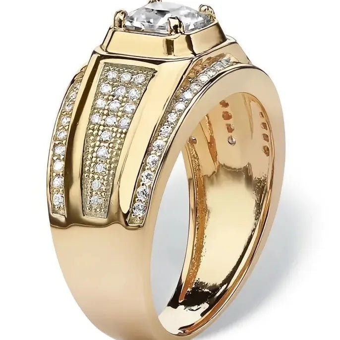 Men’s Gold Brass Geometric Wedding Band with Cubic Zirconia Engagement Ring