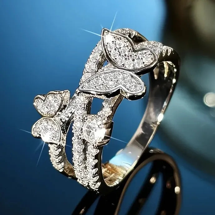 Romantic Double Butterfly Brass Wedding Ring with Cubic Zirconia for Women