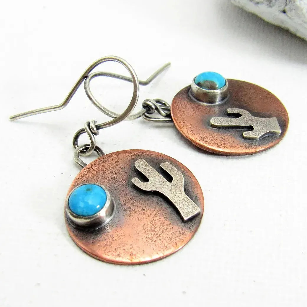 Vintage Silver Zinc Alloy Round Cactus Carved Drop Earrings for Women