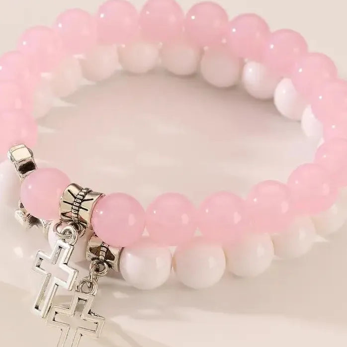 2Pcs Pink Crystal Beads Cross Bracelets Natural Stone Couple Jewelry Gift Set