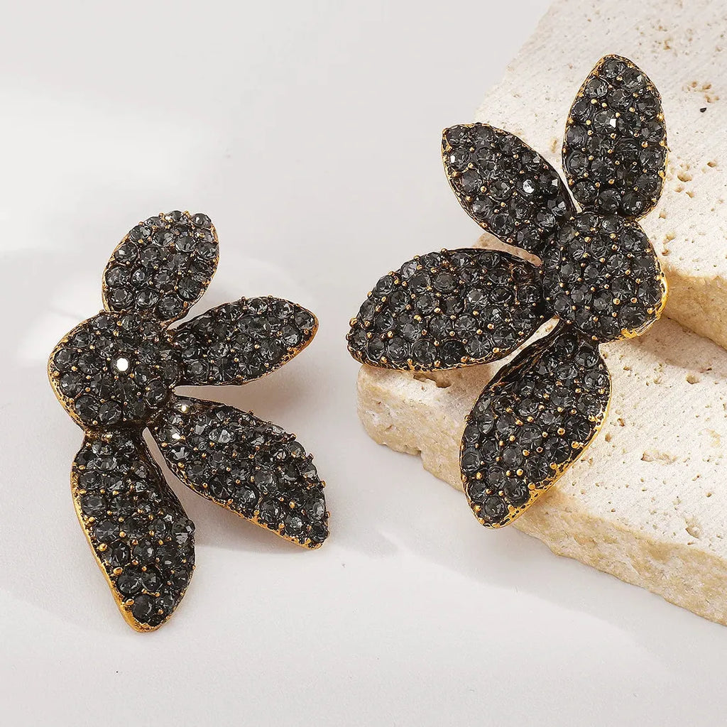 Vintage Black Zircon Crystal Plant Stud Earrings for Women Nature Jewelry