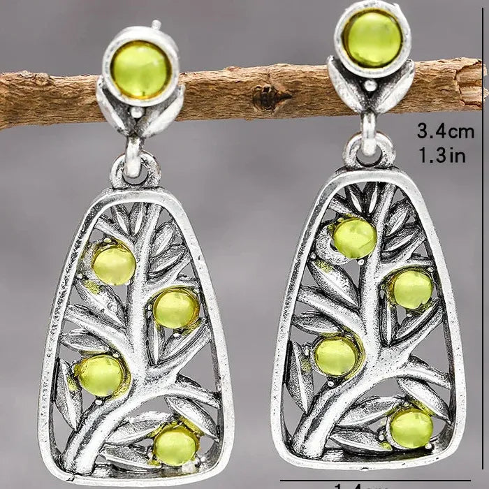 Handmade Vintage Bohemian Christmas Tree Earrings with Green Synthetic Stone Pendant