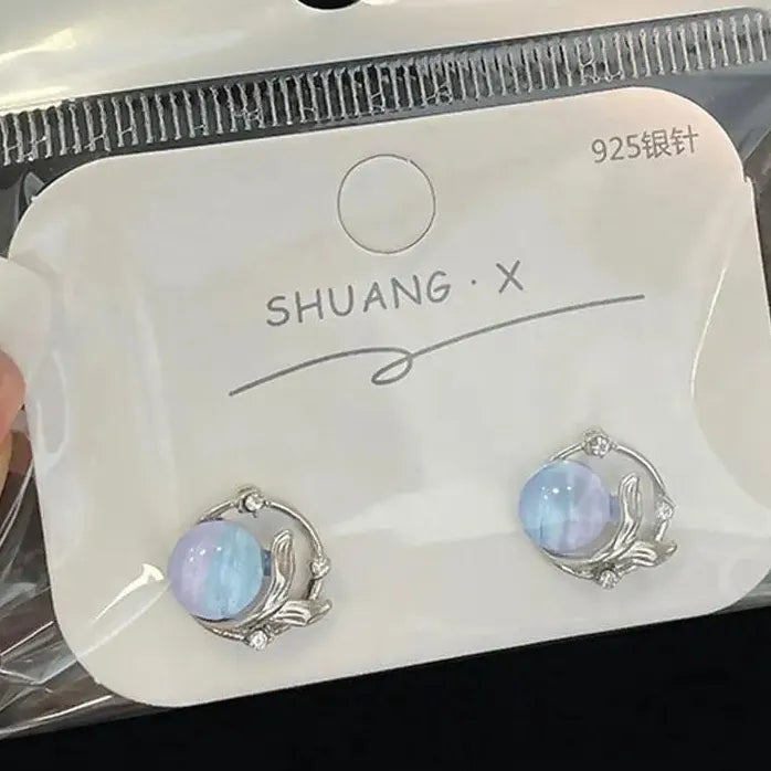 Gradient Blue Planet Rhinestone Fish Tail Earrings for Women Girls Jewelry