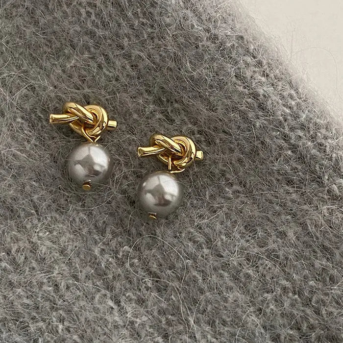 Moon Gray Pearl Stud Earrings Copper Moon Bowknot Jewelry Gift Women
