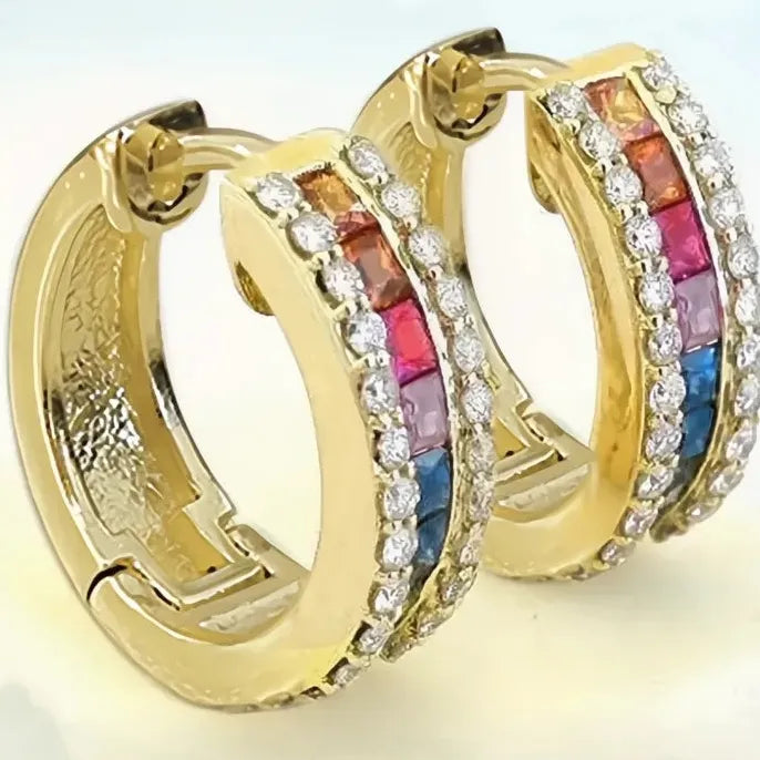 Geometric Multi-Color CZ Inlaid Copper Alloy Hoop Earrings for Party & Wedding