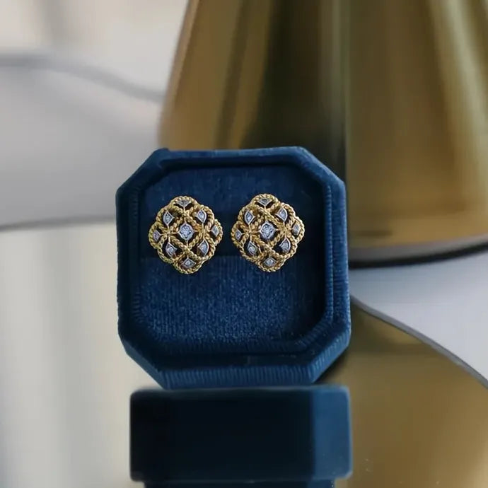 Vintage Hollow Two-Tone Rhombic Geometric Copper Alloy Stud Earrings Women