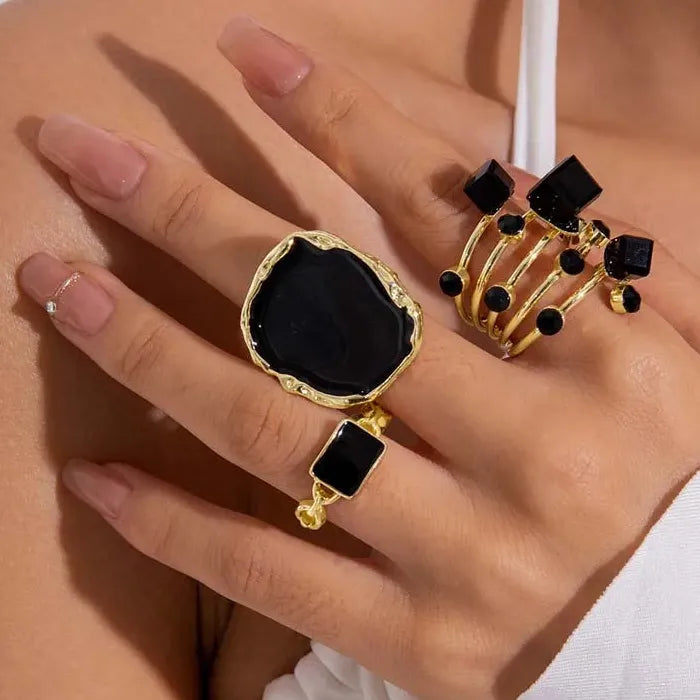 3Pcs Vintage Black Drip Oil Crystal Geometric Rings for Women Jewelry Gift
