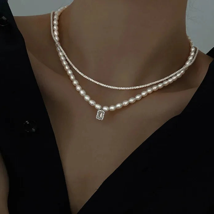 Luxury Double Layer Pearl Necklace with Crystal Pendant Choker Gift