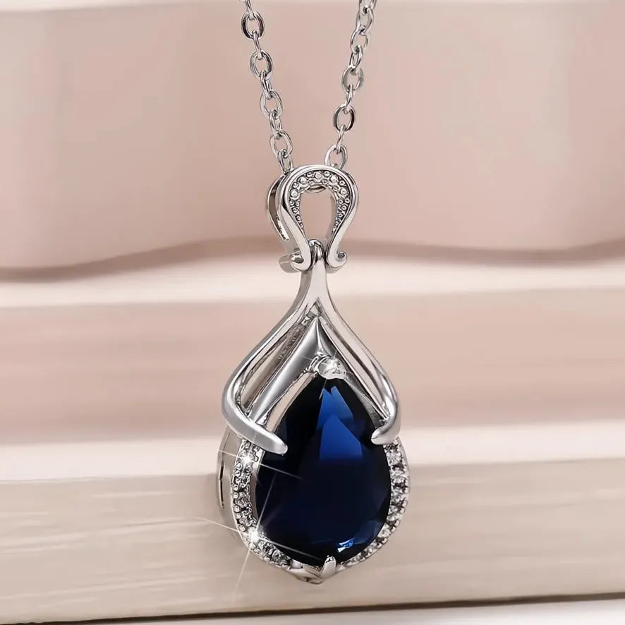 Blue Pear Cubic Zirconia Pendant Necklace for Women Wedding Jewelry Luxury