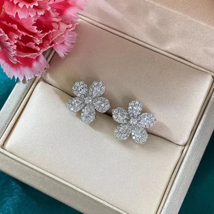 Silver Cubic Zirconia Geometric Flower Earrings for Women Birthday Gift