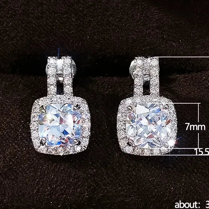 Silver Geometric CZ Stud Earrings Women Bling AAA Zirconia Jewelry Brass