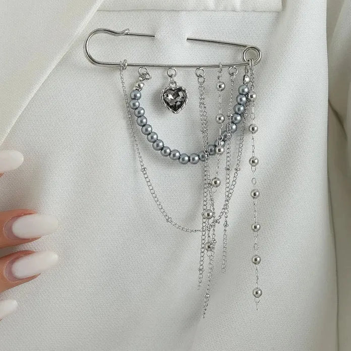 Black Crystal Heart Pearl Tassel Brooch & Pendant Necklace Zinc Alloy