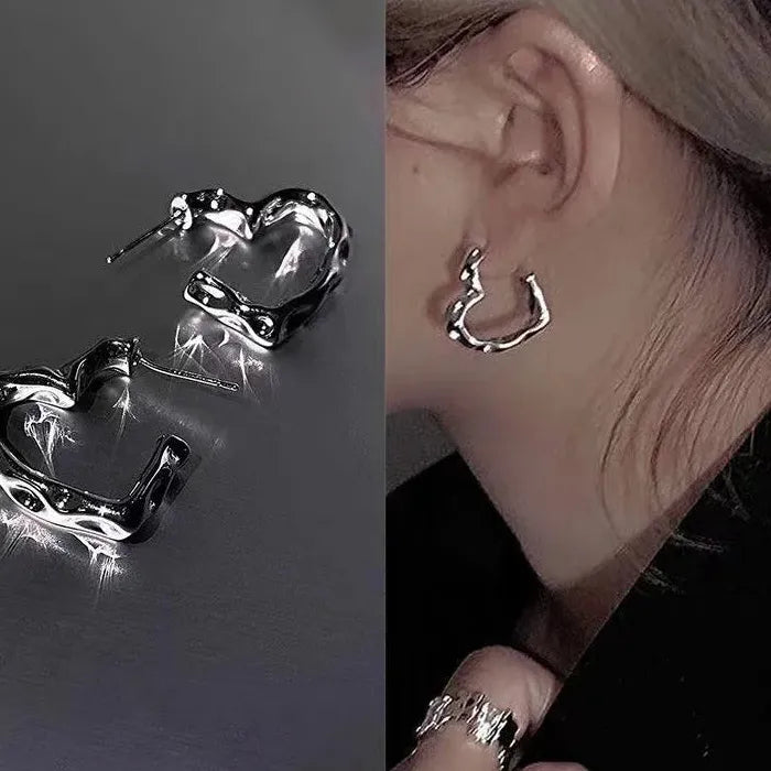Y2K Korean Vintage Silver Heart Hoop Earrings Zinc Alloy Jewelry