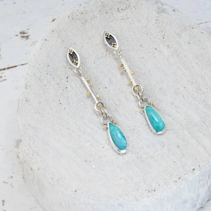 Vintage Synthetic Turquoise Water Droplet Long Pendant Earrings Zinc Alloy Bohemian Jewelry for Women