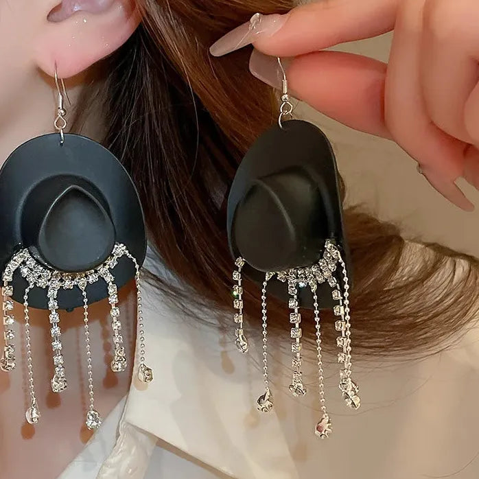 Cowboy Hat Tassel Earrings Women Copper Alloy Rhinestone Drop Y2K Jewelry