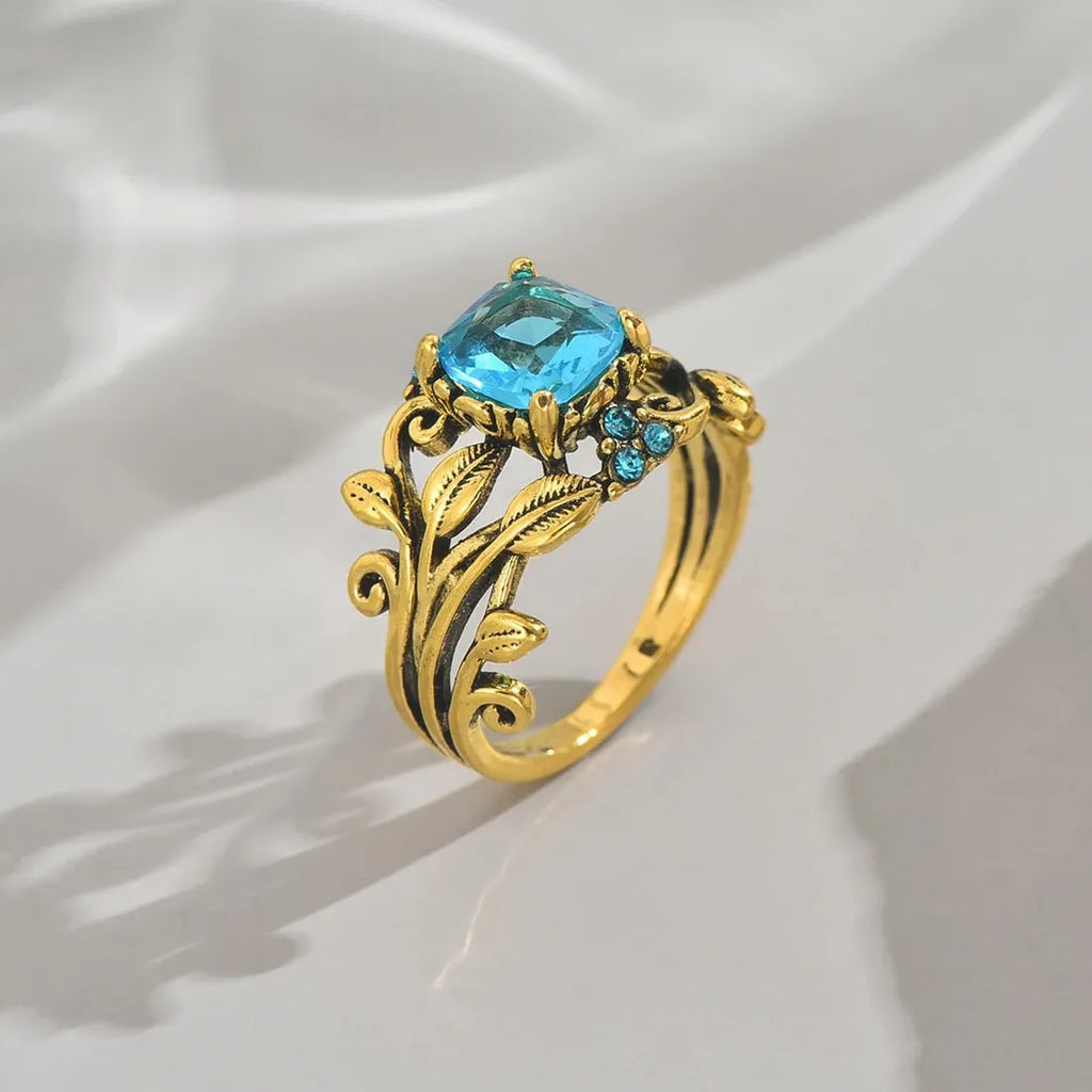 Vintage Blue Crystal Zircon Ring Gold Petals Bohemian Women's Wedding Jewelry
