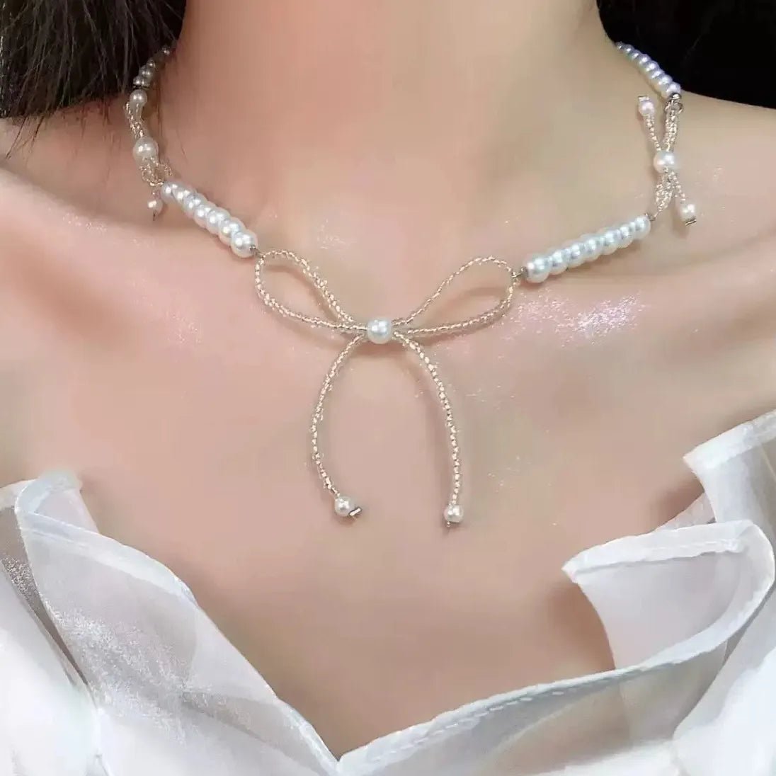 Crystal Imitation Pearl Beaded Bow Knot Collarbone Necklace for Women Girls