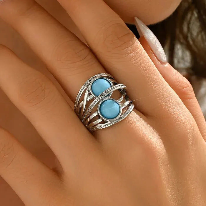 Vintage Bohemian Silver Zinc Alloy Synthetic Gemstone Ring Women’s Festival Jewelry