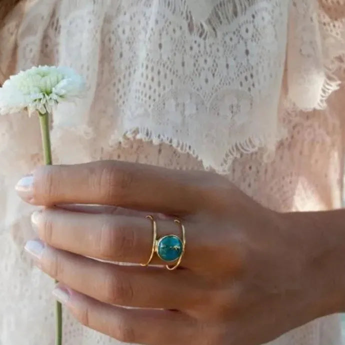 Bohemian Large Round Turquoise Stone Zinc Alloy Ring for Women Vintage Boho Band