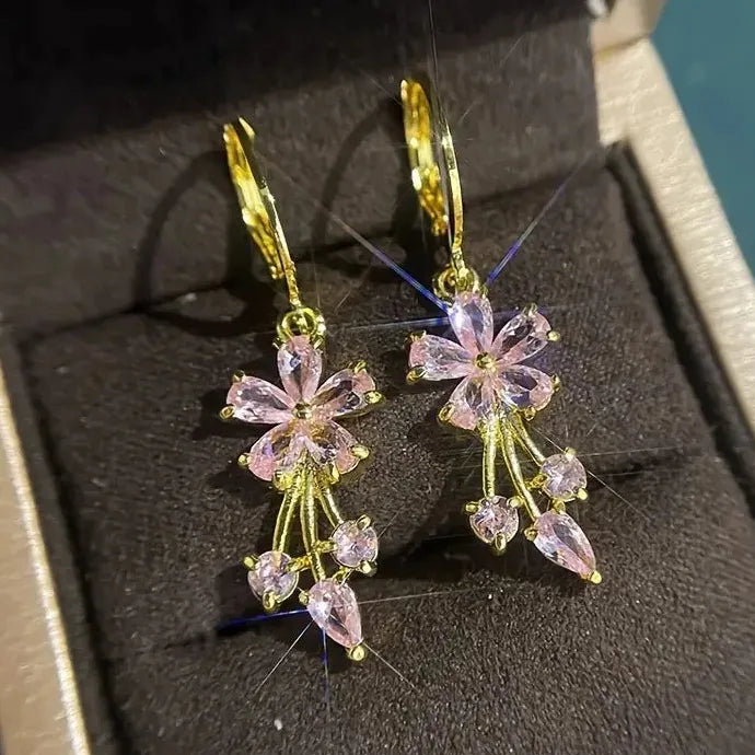 Luxury Gold Flower Drop Earrings Women Multicolor Cubic Zirconia Zinc Alloy