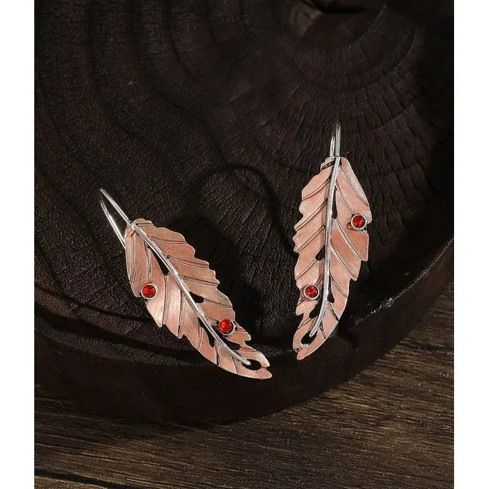 Vintage Metal Geometry Leaf Pendant Earrings with Red Stone Inlay for Women