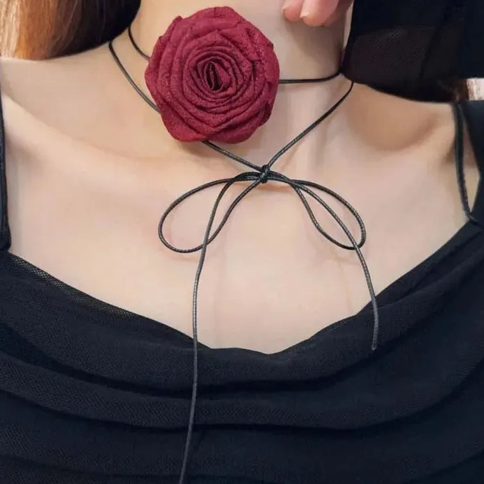 Vintage Red Rose Cotton Pendant Choker Adjustable Leather Rope Necklace Y2K Trendy