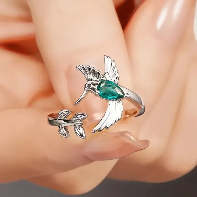 Brass Bird Cocktail Ring with Green CZ for Women Fashion Party Jewelry
